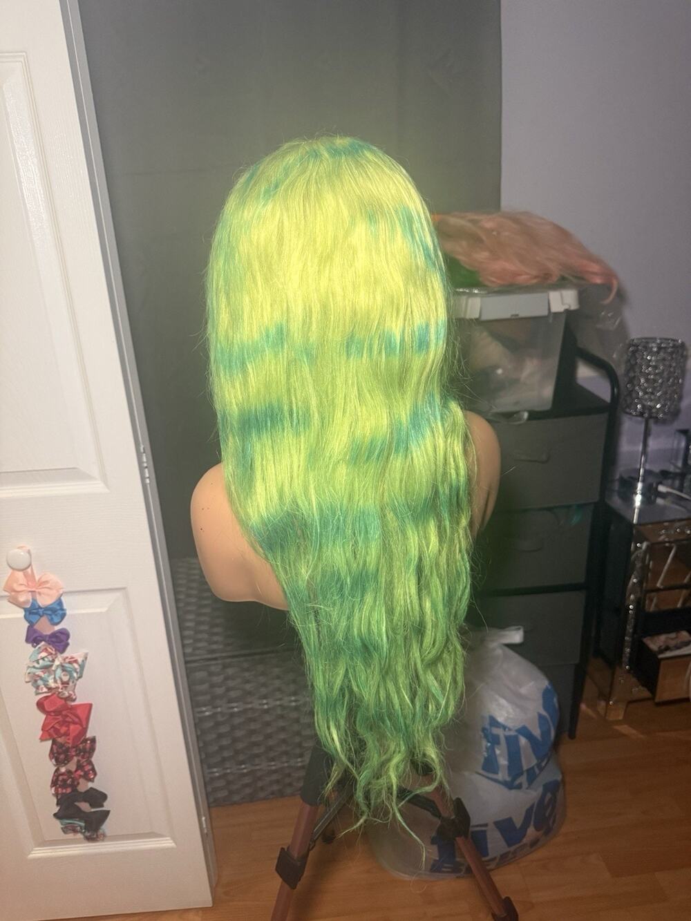 Custom 13x6 Human Hair Lace Front Wig Lime Green & Teal Striped Design